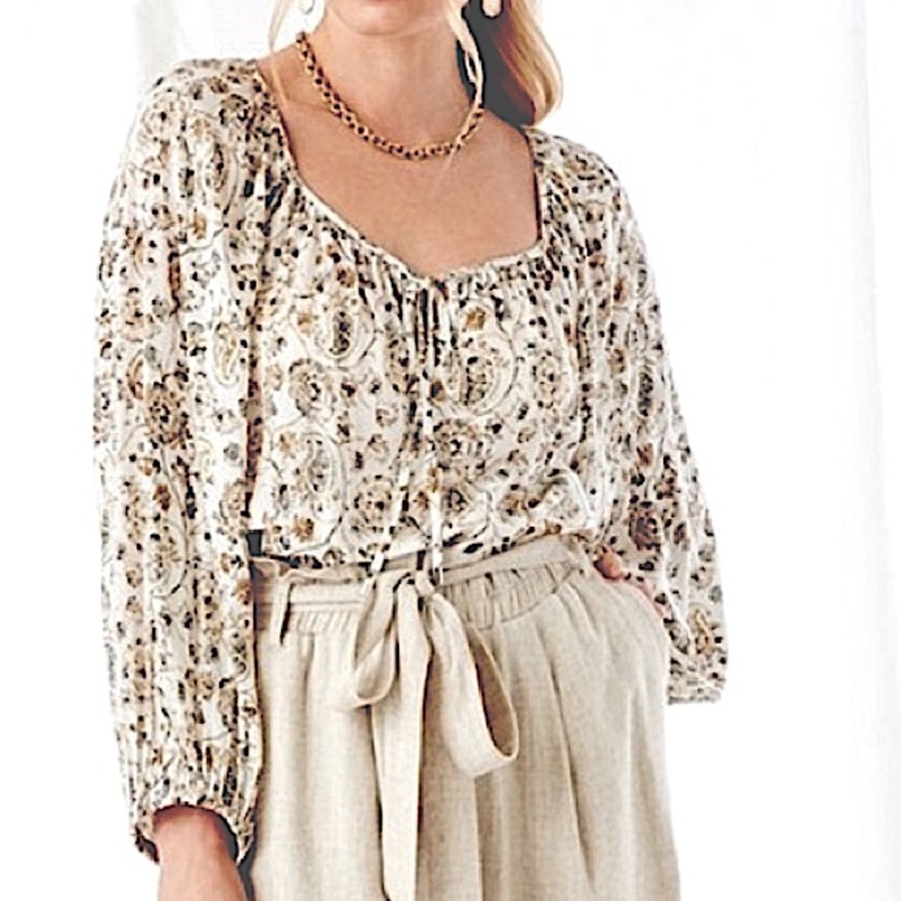Karen Kane Boho Paisley Floral 100% Viscose Split Neck Tie Blouson M-L